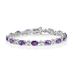 Natural Moroccan Amethyst & White Zircon Floral Grace Linking Bracelet (Size - 7) with GB Lock Box in Rhodium Overlay Sterling Silver 9.66 Ct, Silver Wt.10.10 Gms._8165051