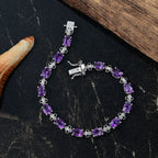 Natural Moroccan Amethyst & White Zircon Floral Grace Linking Bracelet (Size - 7) with GB Lock Box in Rhodium Overlay Sterling Silver 9.66 Ct, Silver Wt.10.10 Gms._8165051_1