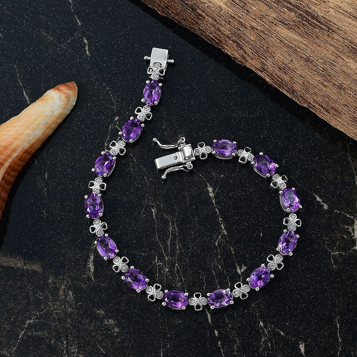 Moroccan Amethyst, White Zircon Linking Bracelet (Size - 7) in Rhodium OverlaySterling Silver, Silver Wt.12 Gms  9.660  Ct. 8165051 2