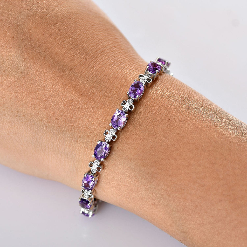 Natural Moroccan Amethyst & White Zircon Floral Grace Linking Bracelet (Size - 7) with GB Lock Box in Rhodium Overlay Sterling Silver 9.66 Ct, Silver Wt.10.10 Gms._8165051_2