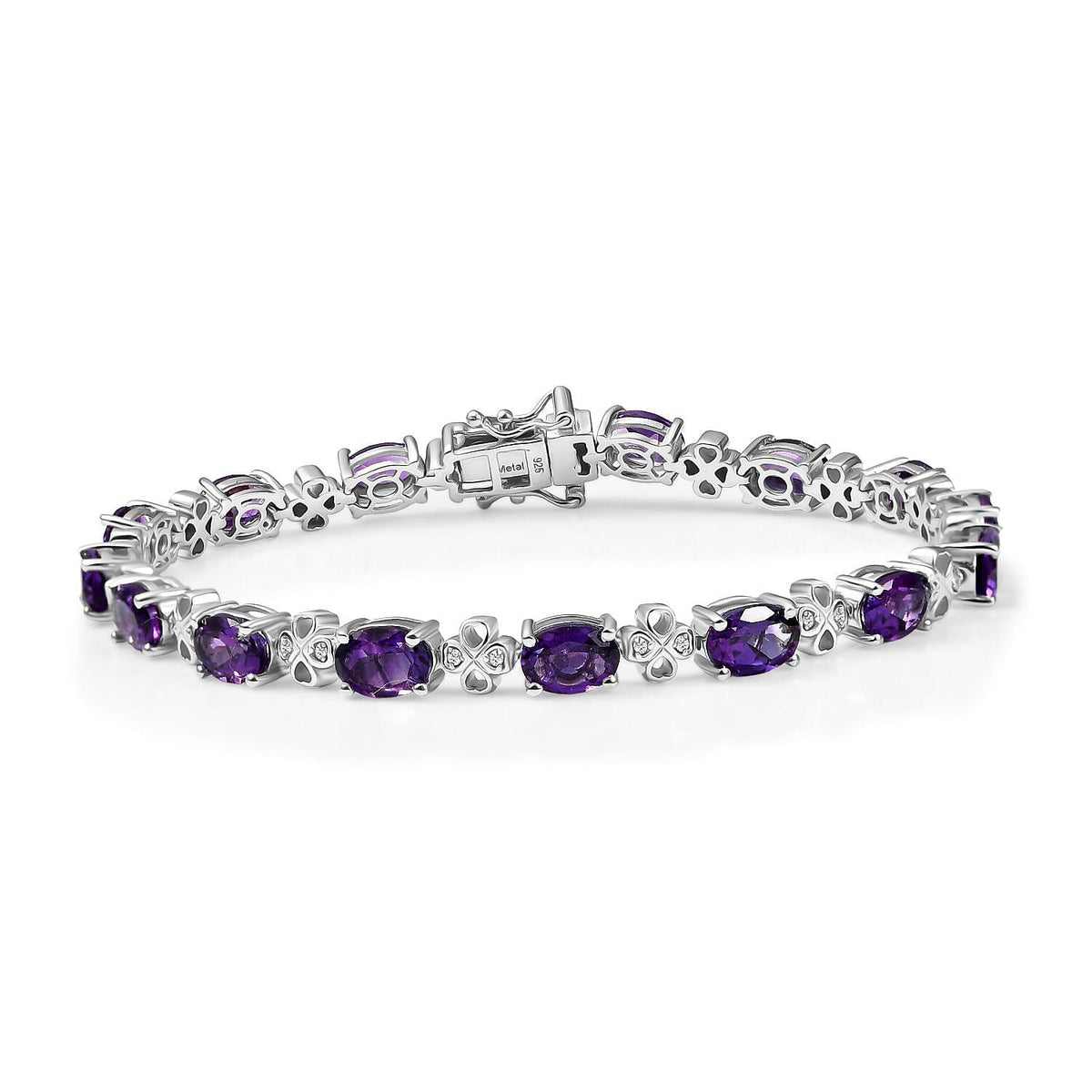 Moroccan Amethyst &amp; White Zircon Linking Bracelet (Size - 7.5) with GB Lock Box in Rhodium Overlay Sterling Silver 10.71 Ct. V32607506 0