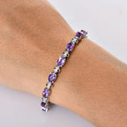 Natural Moroccan Amethyst & White Zircon Floral Grace Linking Bracelet (Size - 7.5) with GB Lock Box in Rhodium Overlay Sterling Silver 10.71 Ct, Silver wt. 11.26 Gms._8165067_2