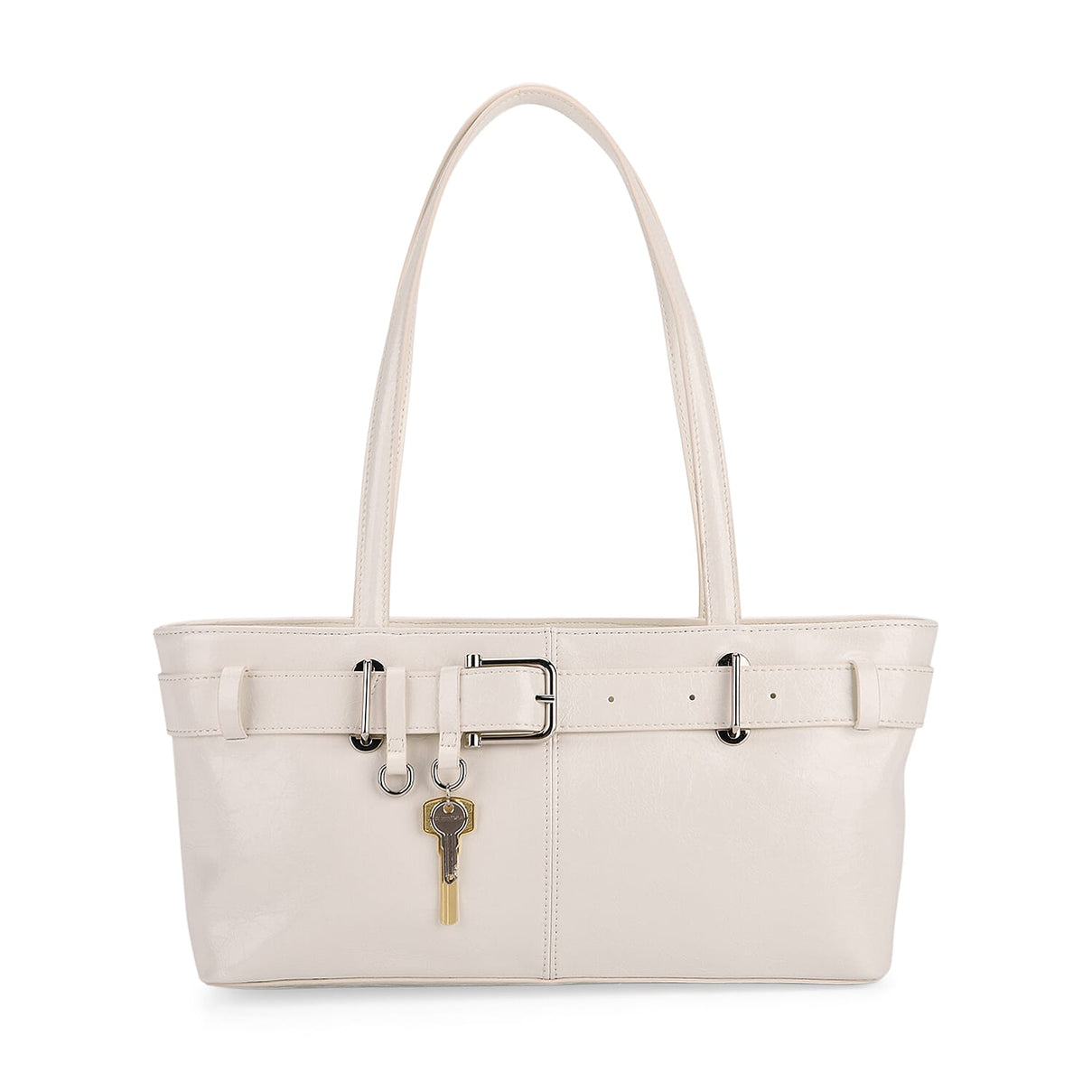 Genuine Leather Belt Buckle Design Rectangular Handbag- White V32514739 0