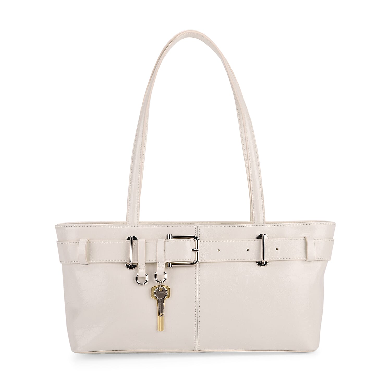 Genuine Leather Belt Buckle Design Rectangular Handbag- White V32514739 0