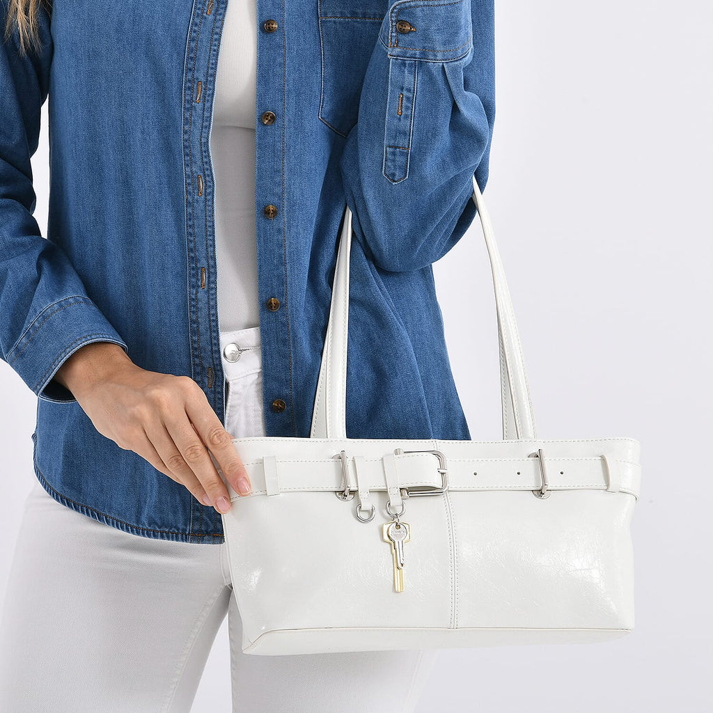 Genuine Leather Belt Buckle Design Rectangular Handbag- White_8165526_2