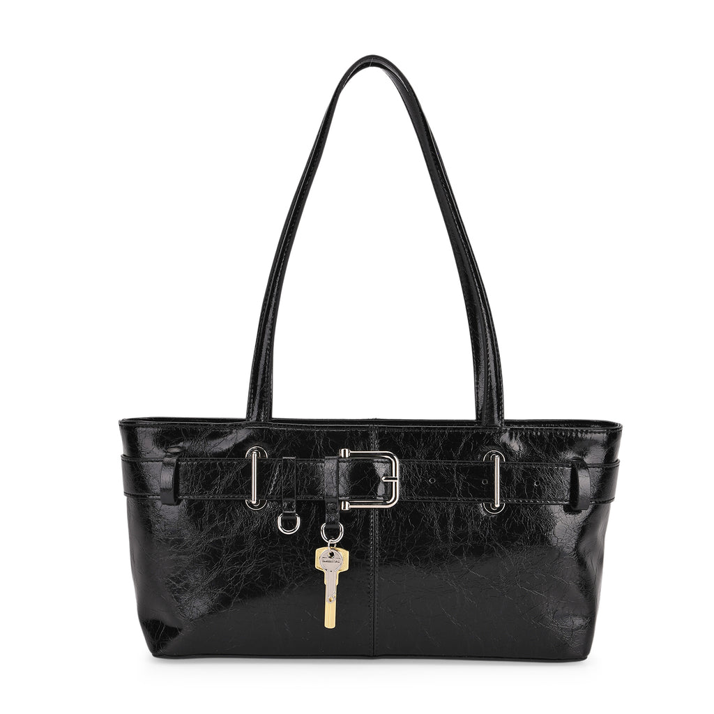 Genuine Leather Belt Buckle Design Rectangular Handbag - Black_8165527