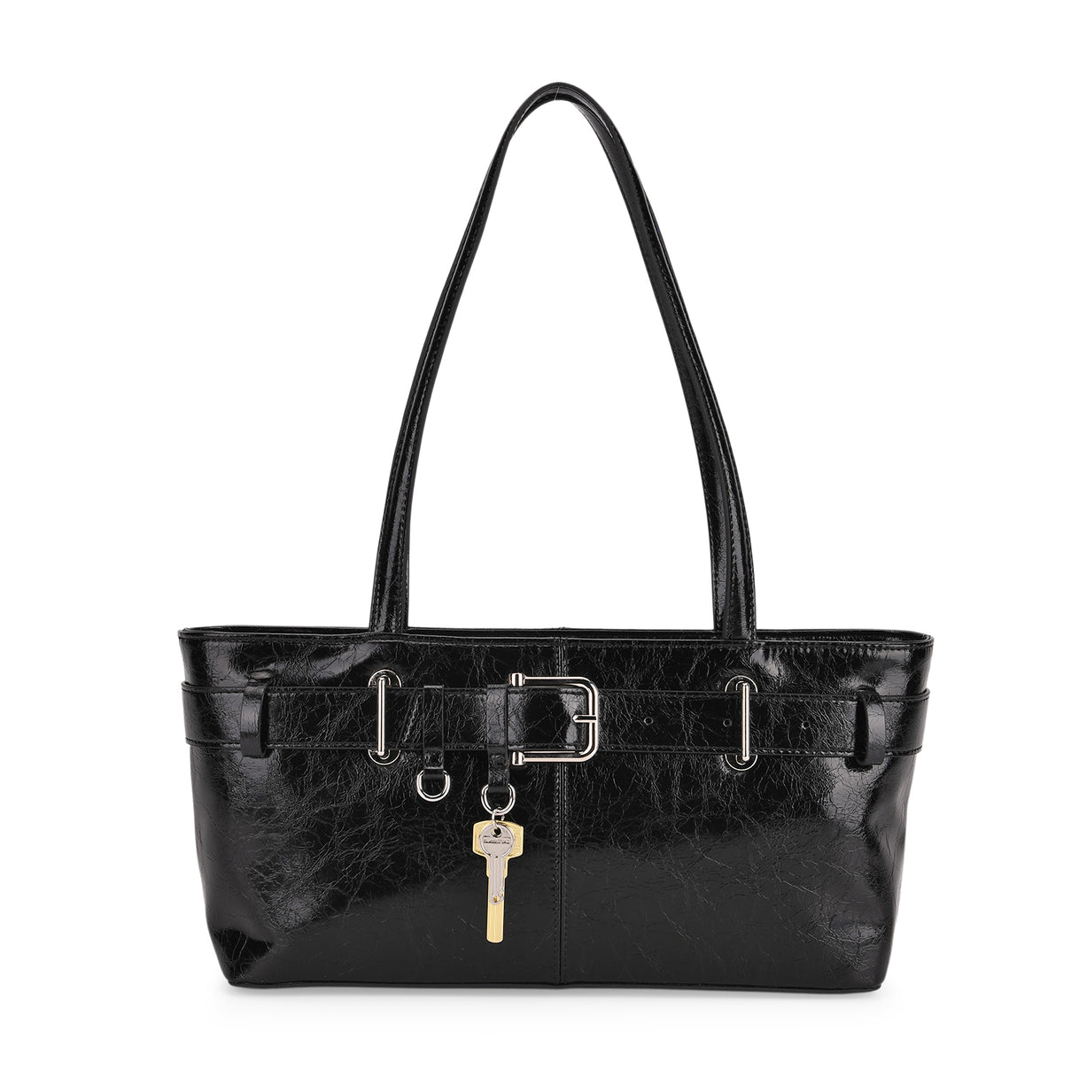Genuine Leather Belt Buckle Design Rectangular Handbag - Black V32533687 0