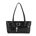 Genuine Leather Belt Buckle Design Rectangular Handbag - Black_8165527