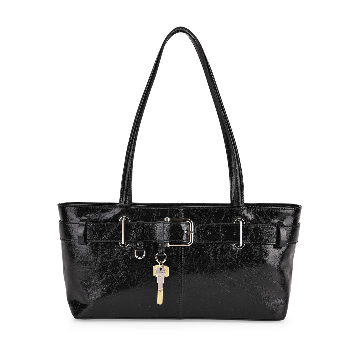 Genuine Leather Belt Buckle Design Rectangular Handbag - Black V32533687 0