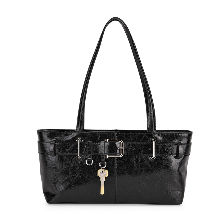 Genuine Leather Belt Buckle Design Rectangular Handbag - Black 8165527 1