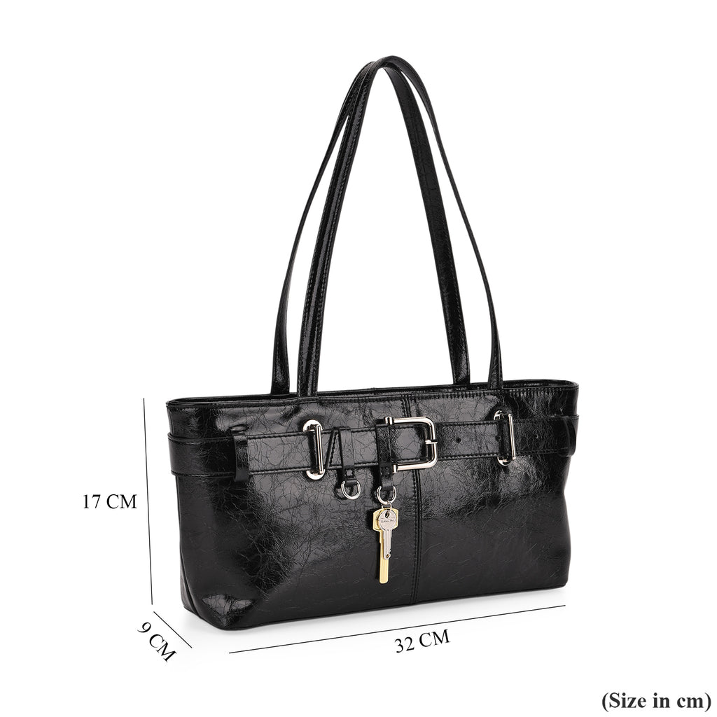 Genuine Leather Belt Buckle Design Rectangular Handbag - Black_8165527_6