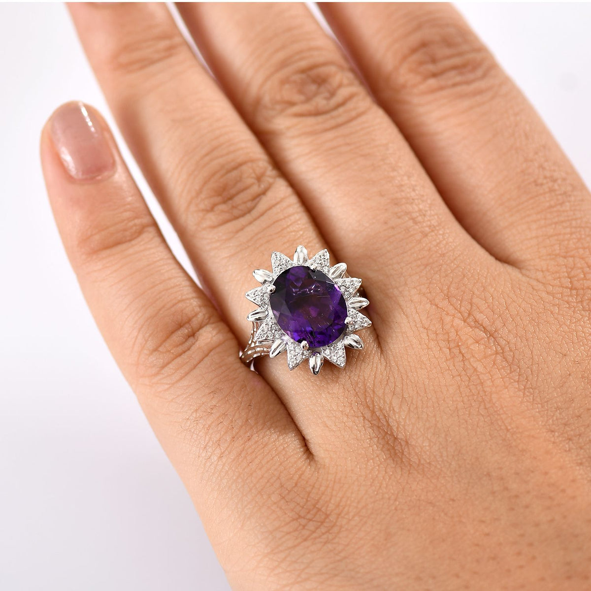 Natural Moroccan Amethyst &amp; White Zircon Violet Bloom Ring in Rhodium Overlay Sterling Silver 4.67 Ct. 8165871 3
