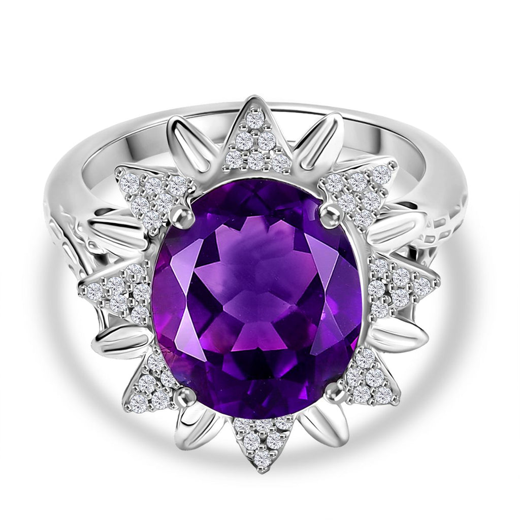 Natural Moroccan Amethyst & White Zircon Violet Bloom Ring in Rhodium Overlay Sterling Silver 4.67 Ct._8165874