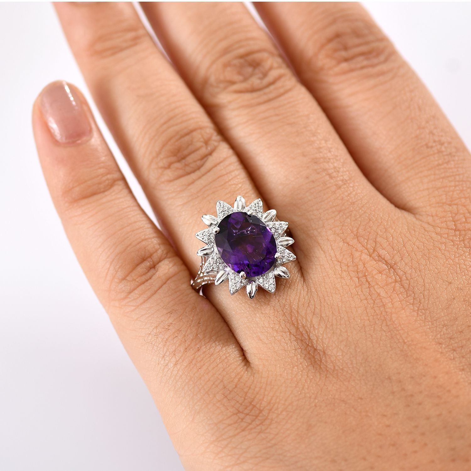 Natural Moroccan Amethyst &amp; White Zircon Violet Bloom Ring in Rhodium Overlay Sterling Silver 4.67 Ct. V32525856 3
