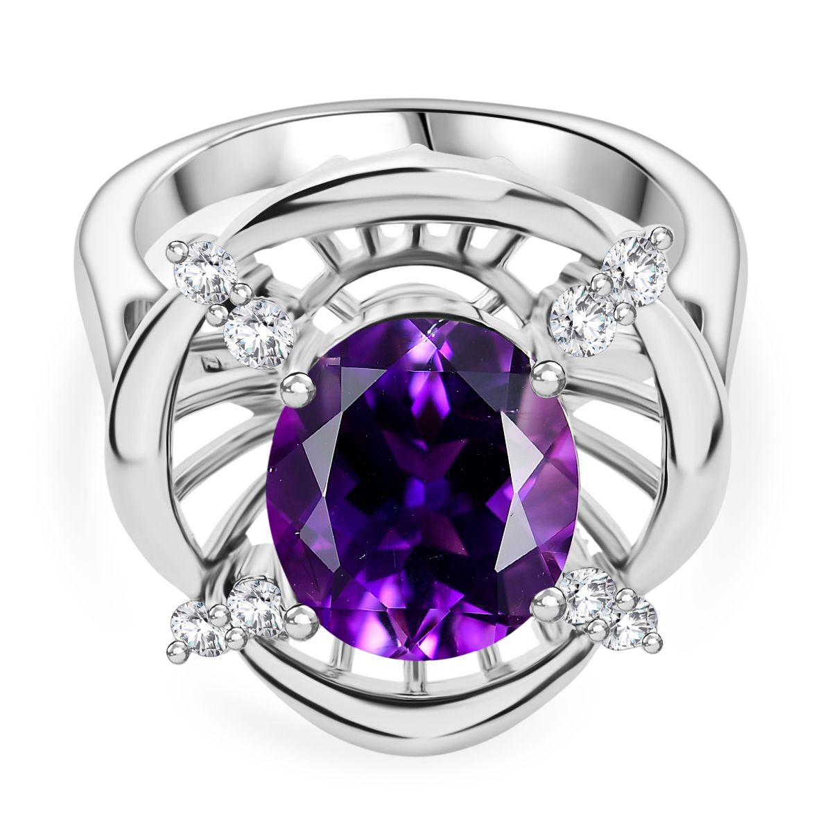 Natural Moroccan Amethyst &amp; White Zircon Sunlit Grace Ring in Rhodium Overlay Sterling Silver 3.53 Ct. V32618177 0