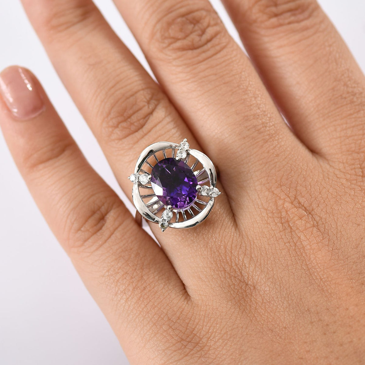 Natural Moroccan Amethyst &amp; White Zircon Sunlit Grace Ring in Rhodium Overlay Sterling Silver 3.53 Ct. V32618177 3