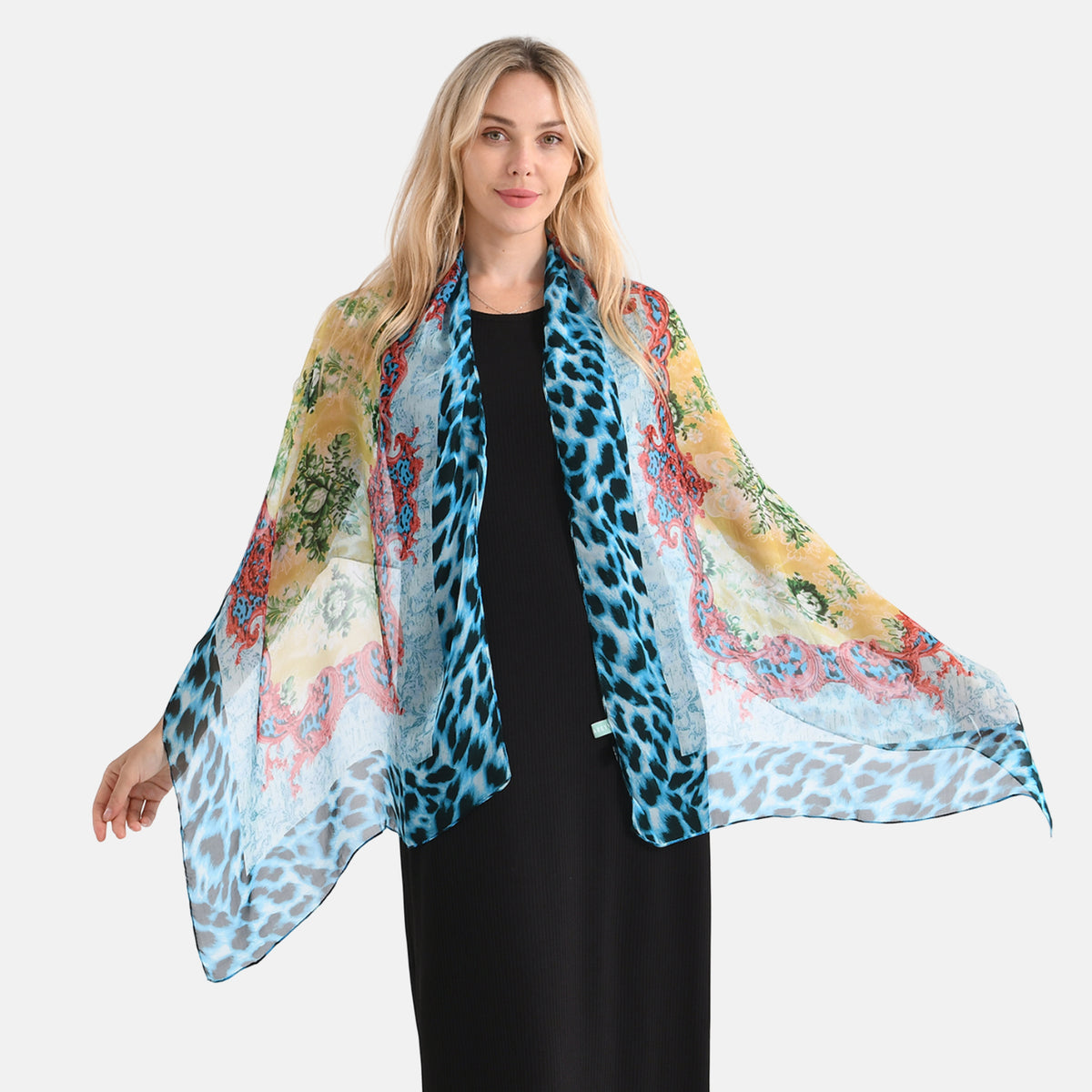 La Marey Mulberry Silk Leopard Print Scarf (175 x 65cm) - Blue &amp; Red V32613764 0