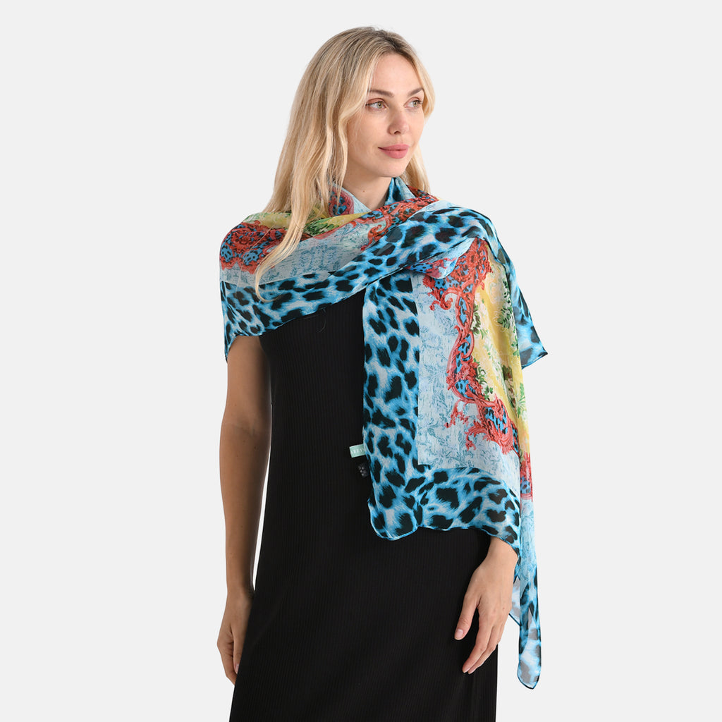 La Marey Mulberry Silk Leopard Print Scarf (175 x 65cm) - Blue & Red_8166889_2