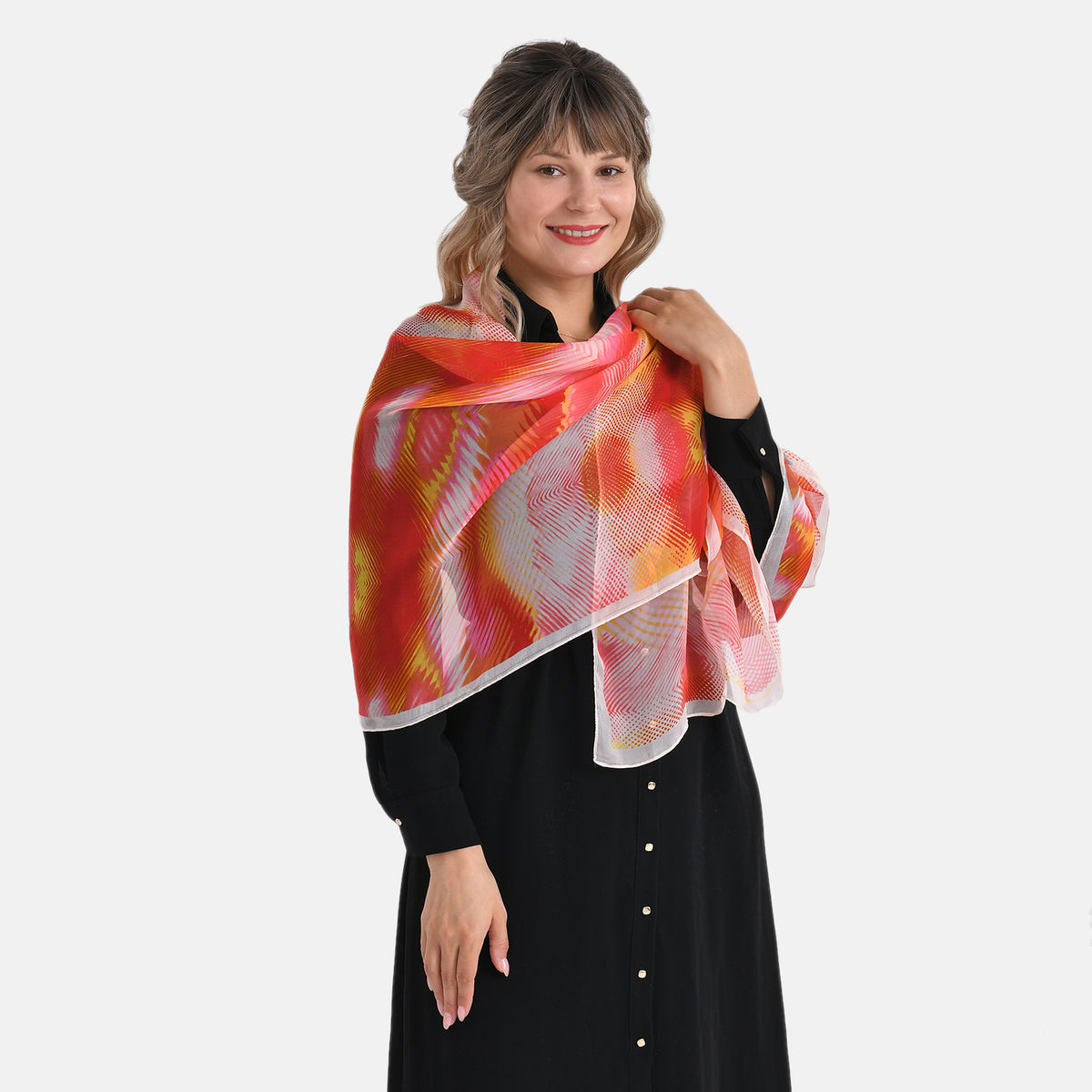 La Marey Abstract Print Mulberry Silk Scarf (Size: 175x65cm) - Red, Orange &amp; Yellow V32528033 3