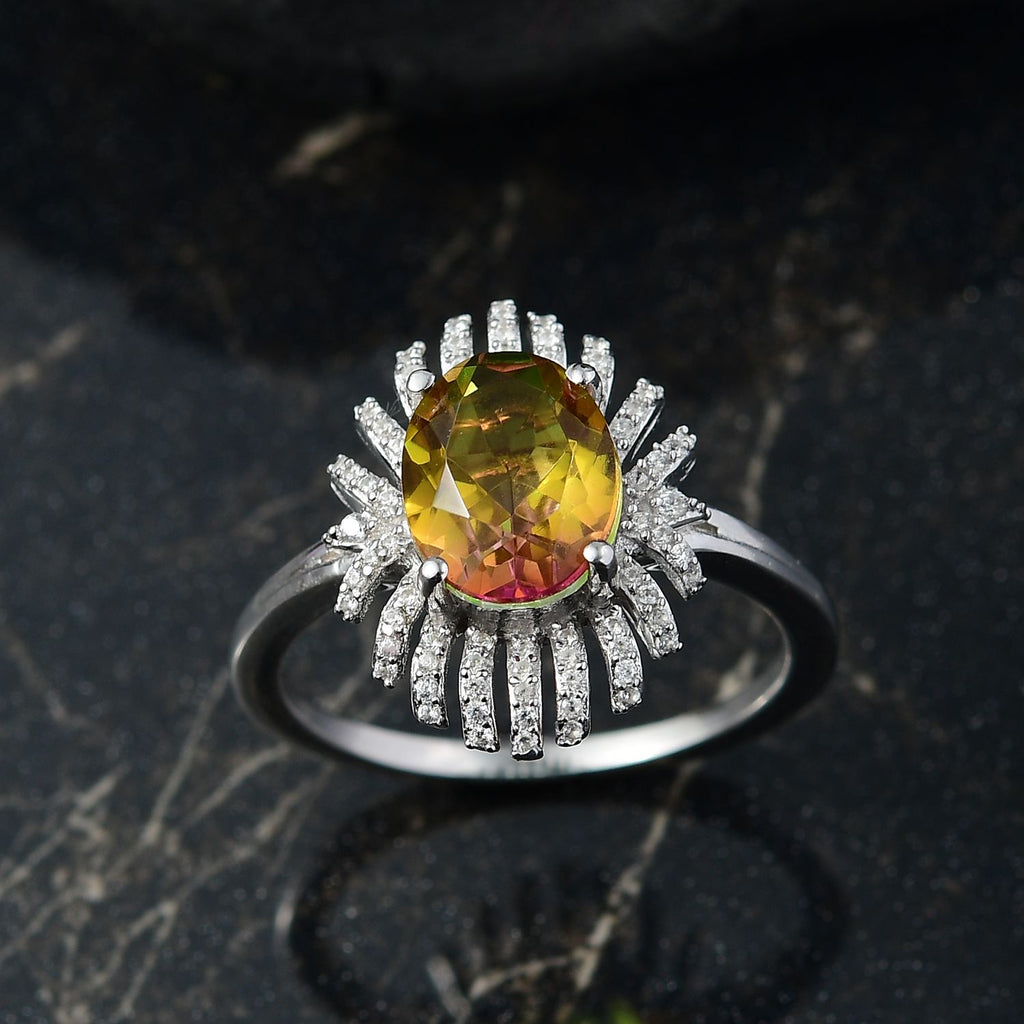 D'joy Rainbow Genesis Quartz & White Zircon Sunburst Glow Ring in Rhodium Overlay Sterling Silver 3.44 Ct._8168418_1