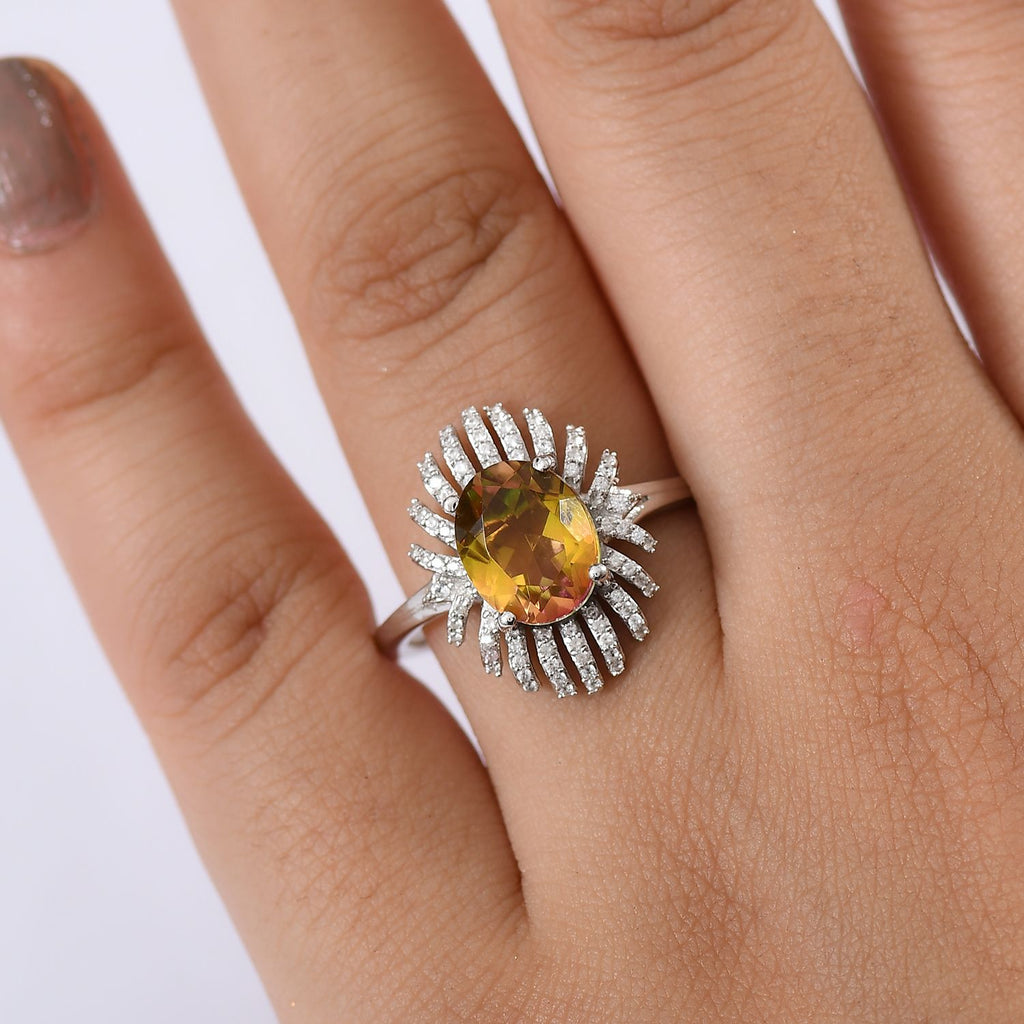 D'joy Rainbow Genesis Quartz & White Zircon Sunburst Glow Ring in Rhodium Overlay Sterling Silver 3.44 Ct._8168418_2