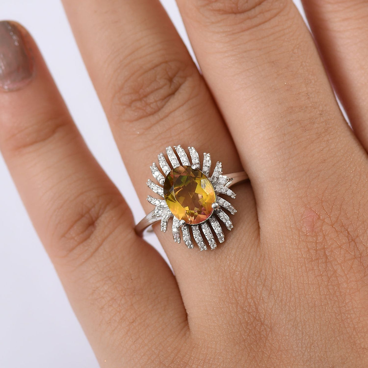 D'joy Rainbow Genesis Quartz &amp; White Zircon Sunburst Glow Ring in Rhodium Overlay Sterling Silver 3.44 Ct. V32719451 9