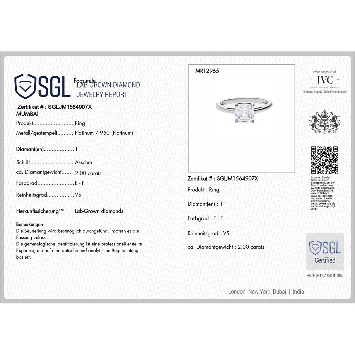 LUXURIANT 3 Ct. Lab Grown Diamond Solitaire Ring in 950 Platinum, SGL Certified 8168446 6