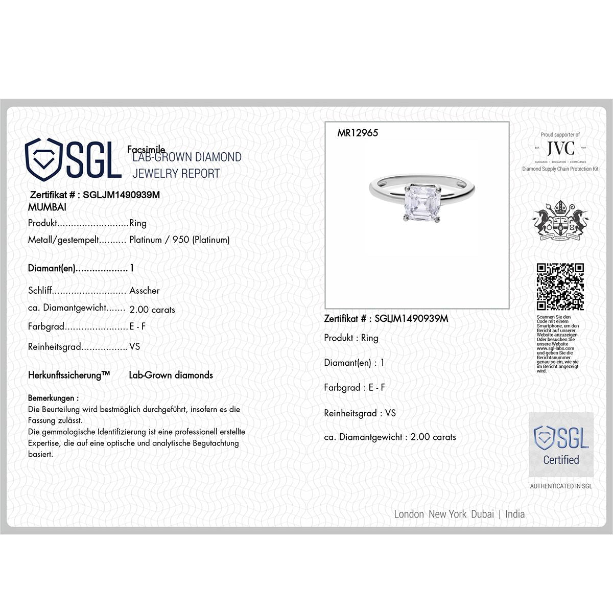 LUXURIANT 2 Ct. Lab Grown Diamond Solitaire Ring in 950 Platinum, SGL Certified V32530448 13