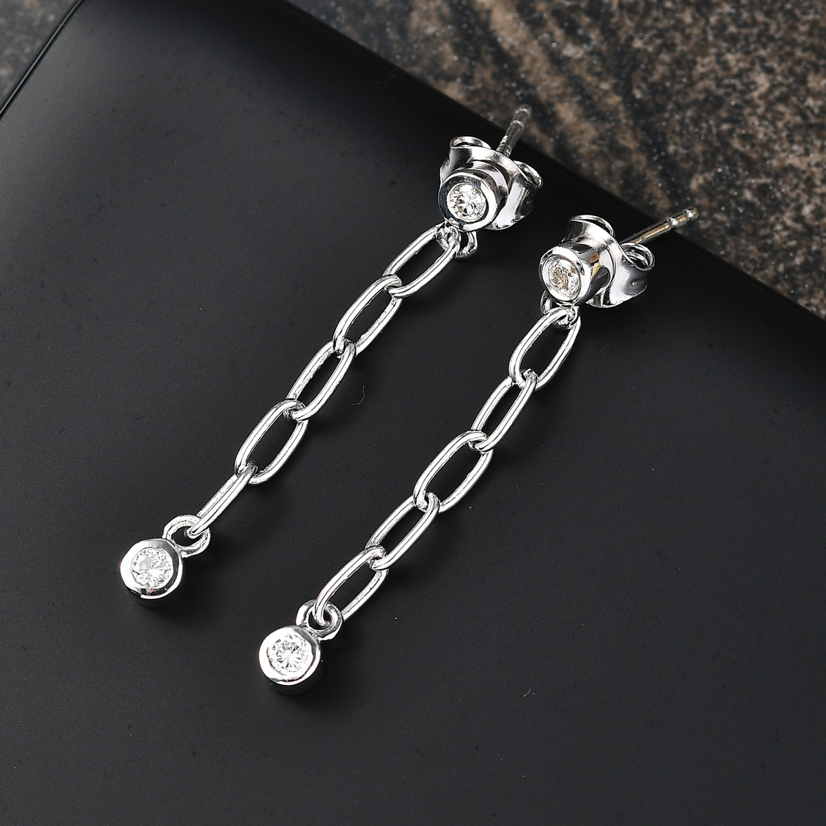 LUXURIANT Lab Grown Diamond Dangling Earring with Push Back in Rhodium Overlay Sterling Silver (SI-GH) 8170162 2