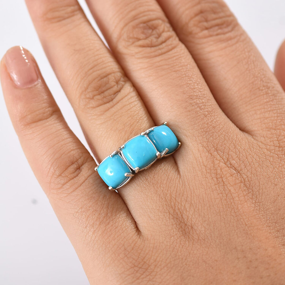 LUXURIANT Sleeping Beauty Turquoise, Lab Grown Diamond Trilogy Ring in Rhodium Overlay Sterling Silver 6.32 Ct. (SI-G-H) V32516182 3