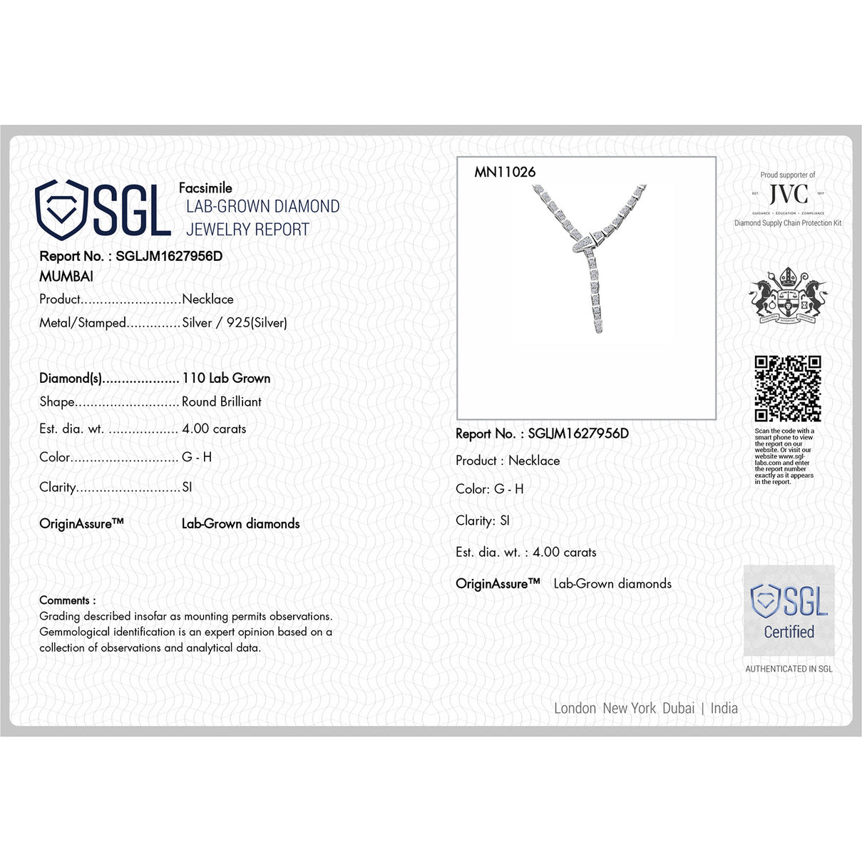 LUXURIANT 4 Ct. Lab Grown Diamond (SI-GH) Serpent Necklace with Box Clasp in Rhodium Overlay Sterling Silver, SGL Certified 18 Inch 8171157 8