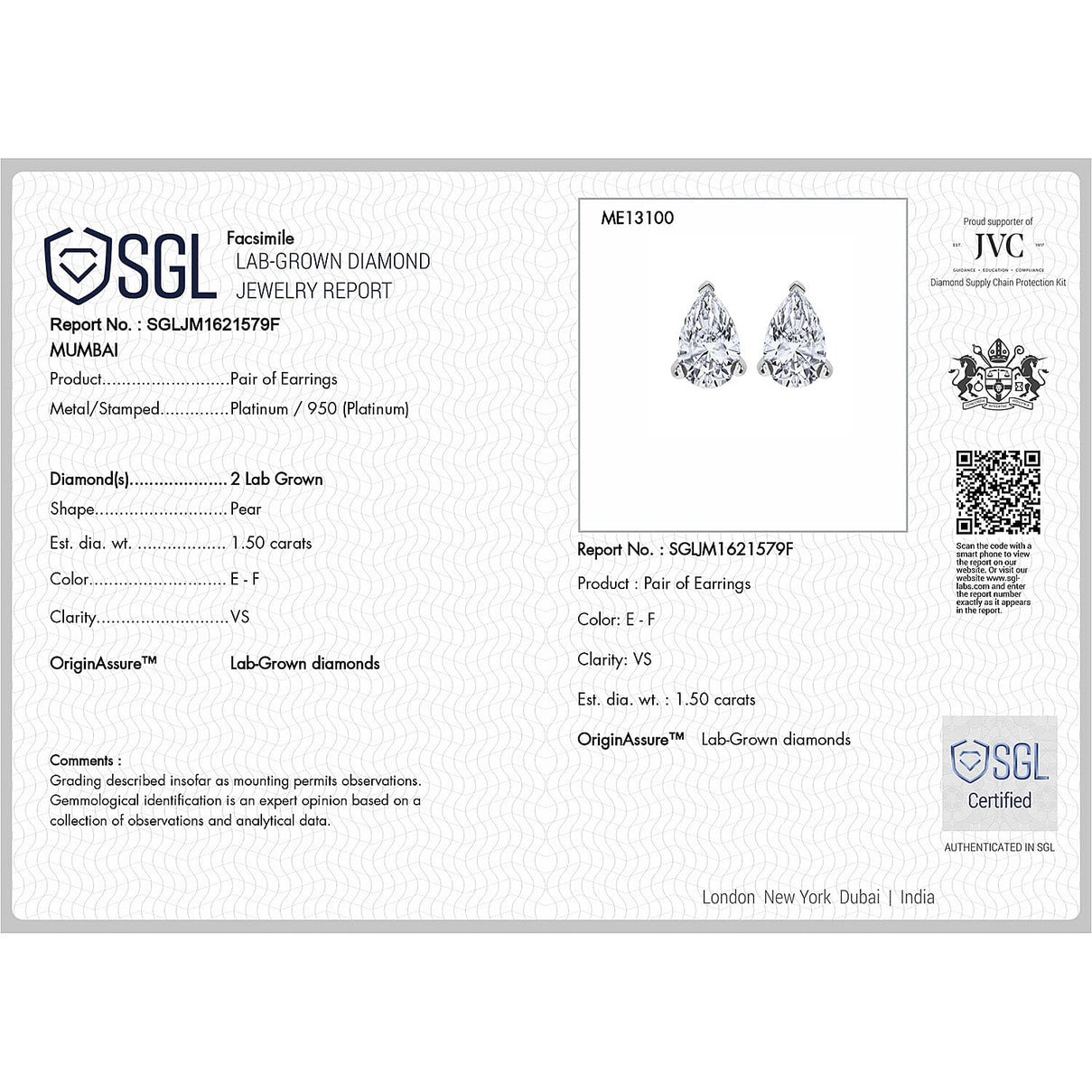 LUXURIANT 1.50 Ct. Lab Grown Diamond Solitaire Stud Earring with Screw Back in 950 Platinum SGL Certified VS-EF 8171899 7