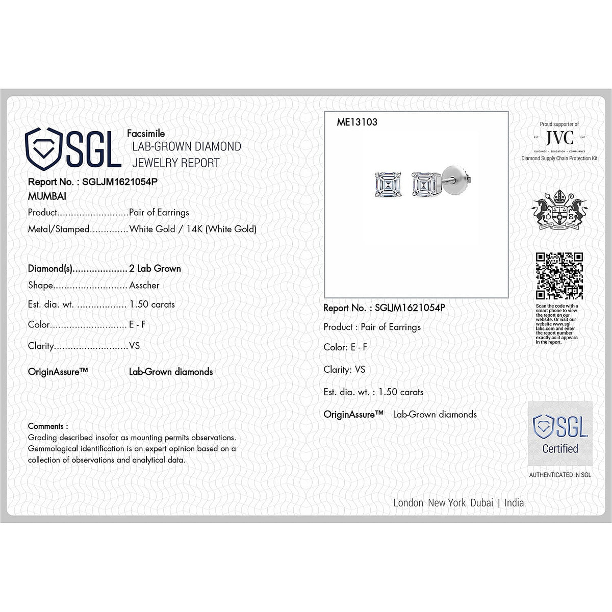 LUXURIANT 1.5 Ct. Lab Grown Diamond Solitaire Stud Earring with Screw Back in 14K White Gold SGL Certified 8172059 6
