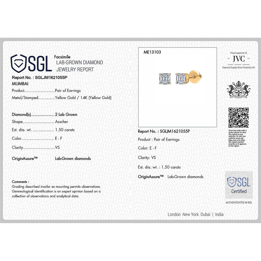 Luxuriant - 14K Yellow Gold SGL Certified Lab Grown Diamond Earring with Screw Back 1.50 Ct.