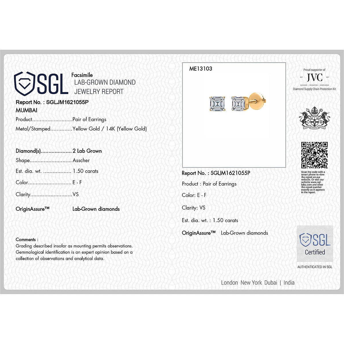 Luxuriant - 14K Yellow Gold SGL Certified Lab Grown Diamond Earring with Screw Back 1.50 Ct. 8172070 6