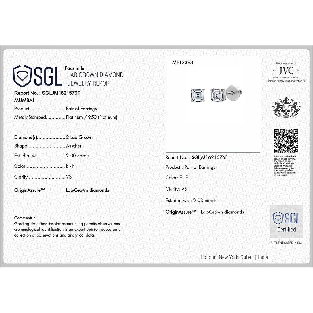 Luxuriant Diamond 950 Platinum VS Lab Grown Diamond EF, VS Earring, Platinum Wt.1.5 Gms  2.000  Ct.