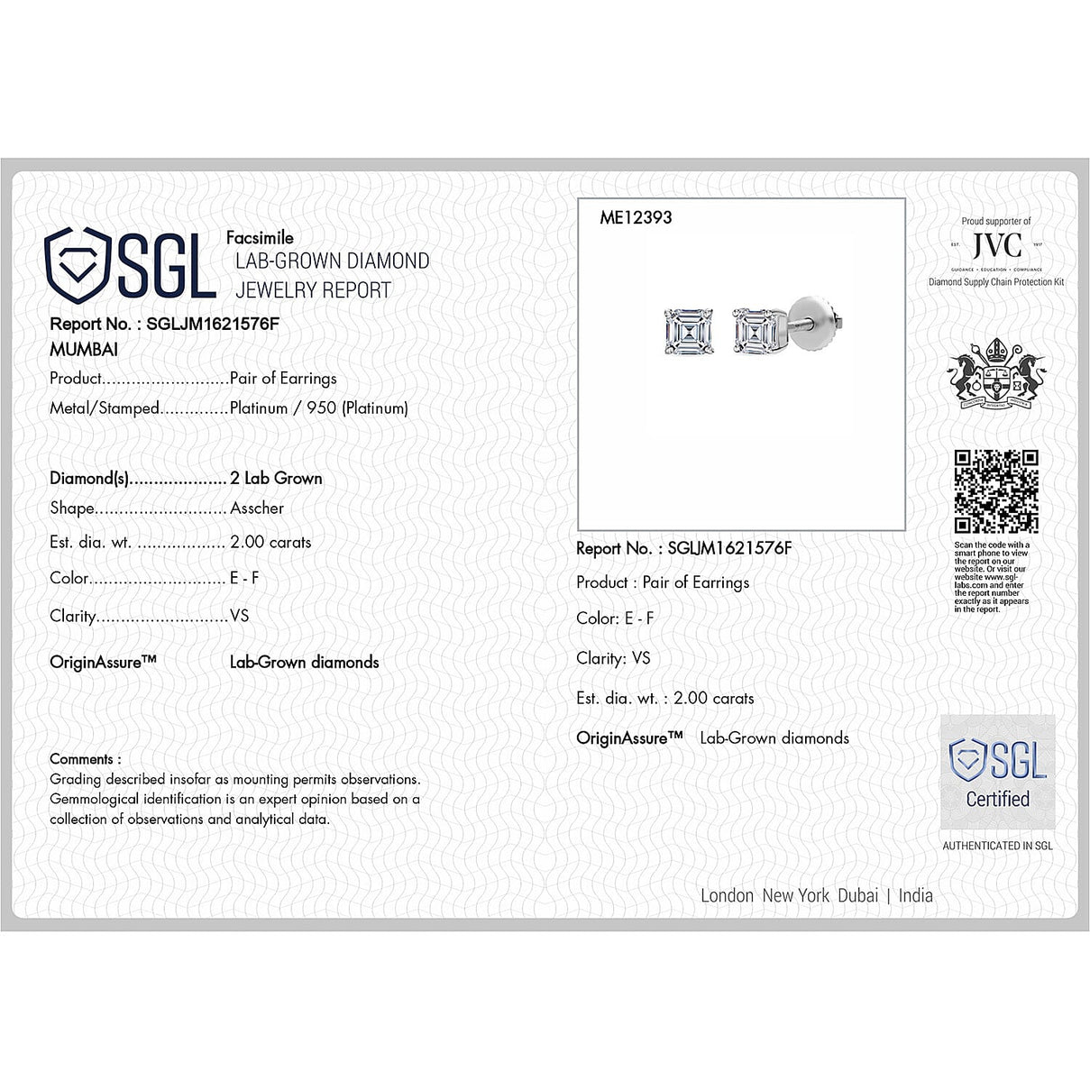 Luxuriant Diamond 950 Platinum VS Lab Grown Diamond EF, VS Earring, Platinum Wt.1.5 Gms  2.000  Ct. 8172082 4