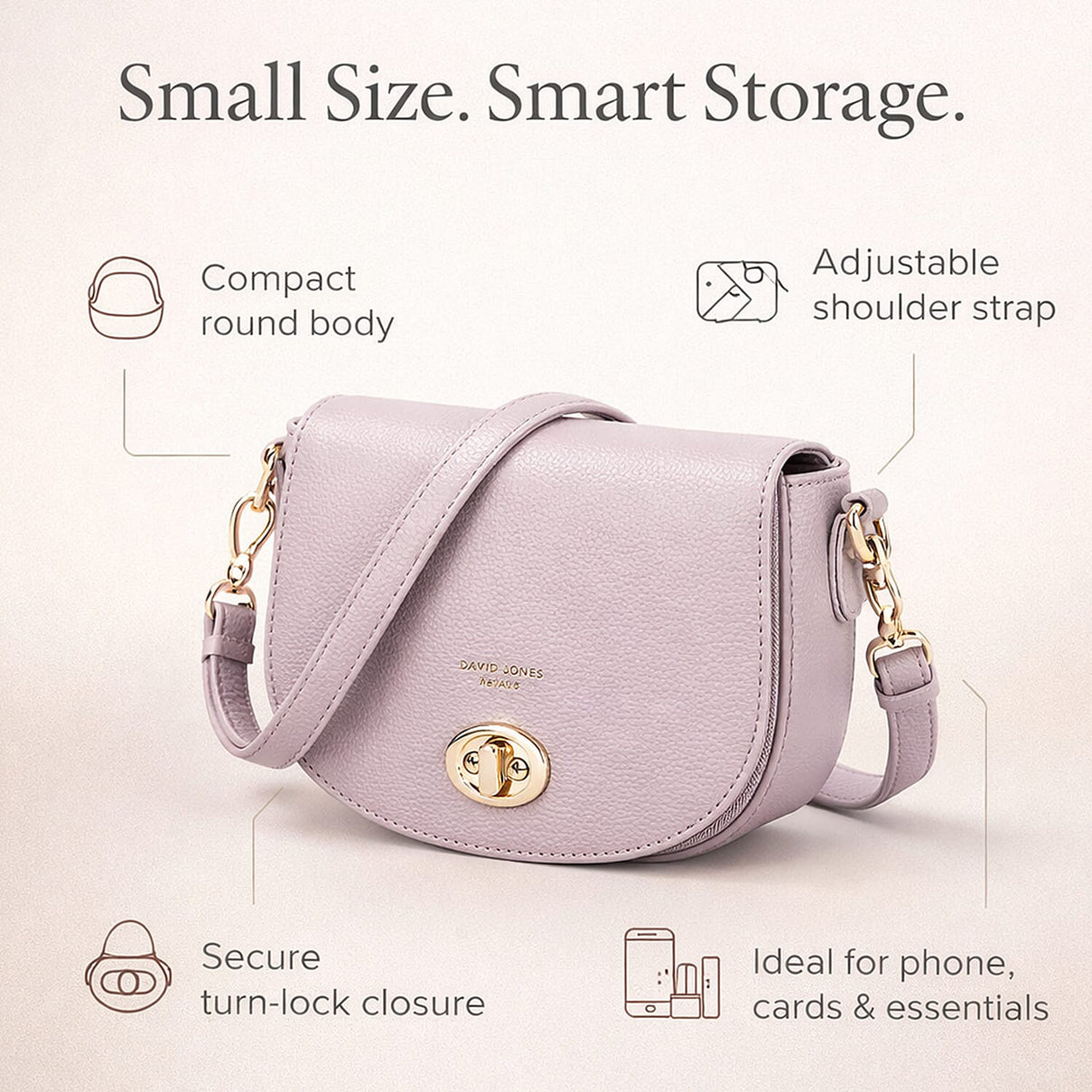 David Jones Stylish Round Flap Compact Shoulder Bag Lilac 8172115 1