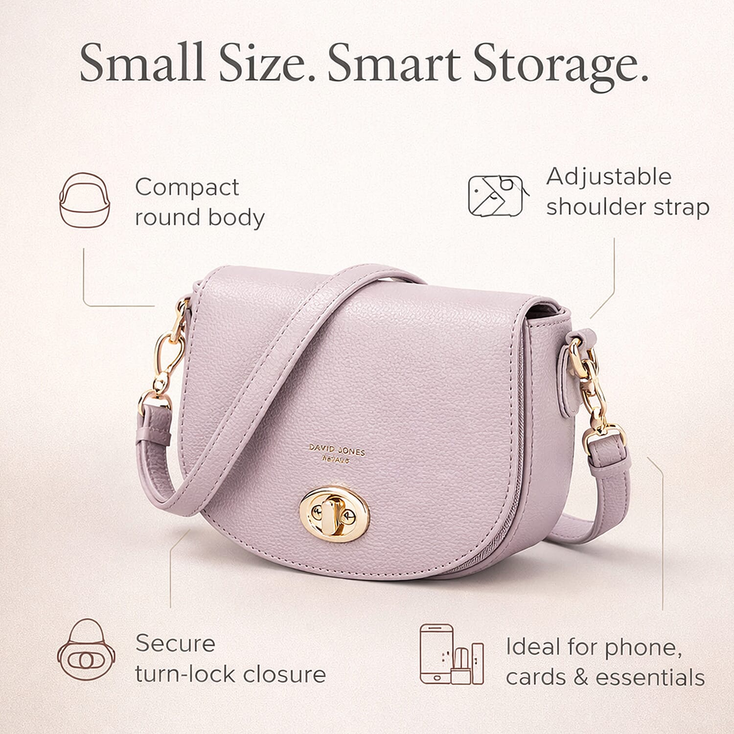 David Jones Stylish Round Flap Compact Shoulder Bag Lilac 8172115 1