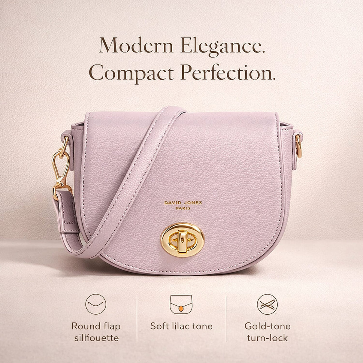 David Jones Stylish Round Flap Compact Shoulder Bag Lilac 8172115 2