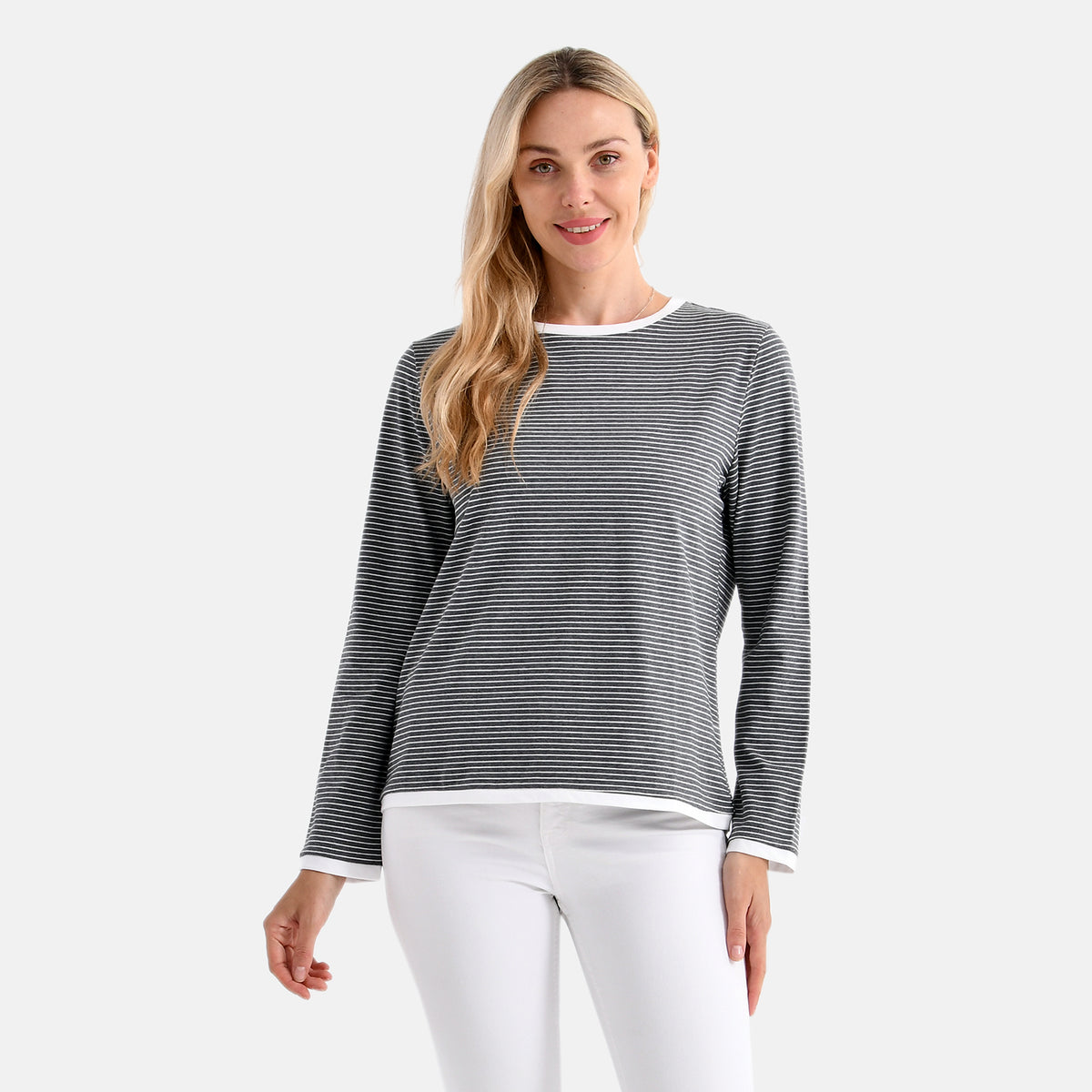 La Marey Classic Crew Neck Striped T-Shirt (Size XL) - Grey &amp; White V32556336 0