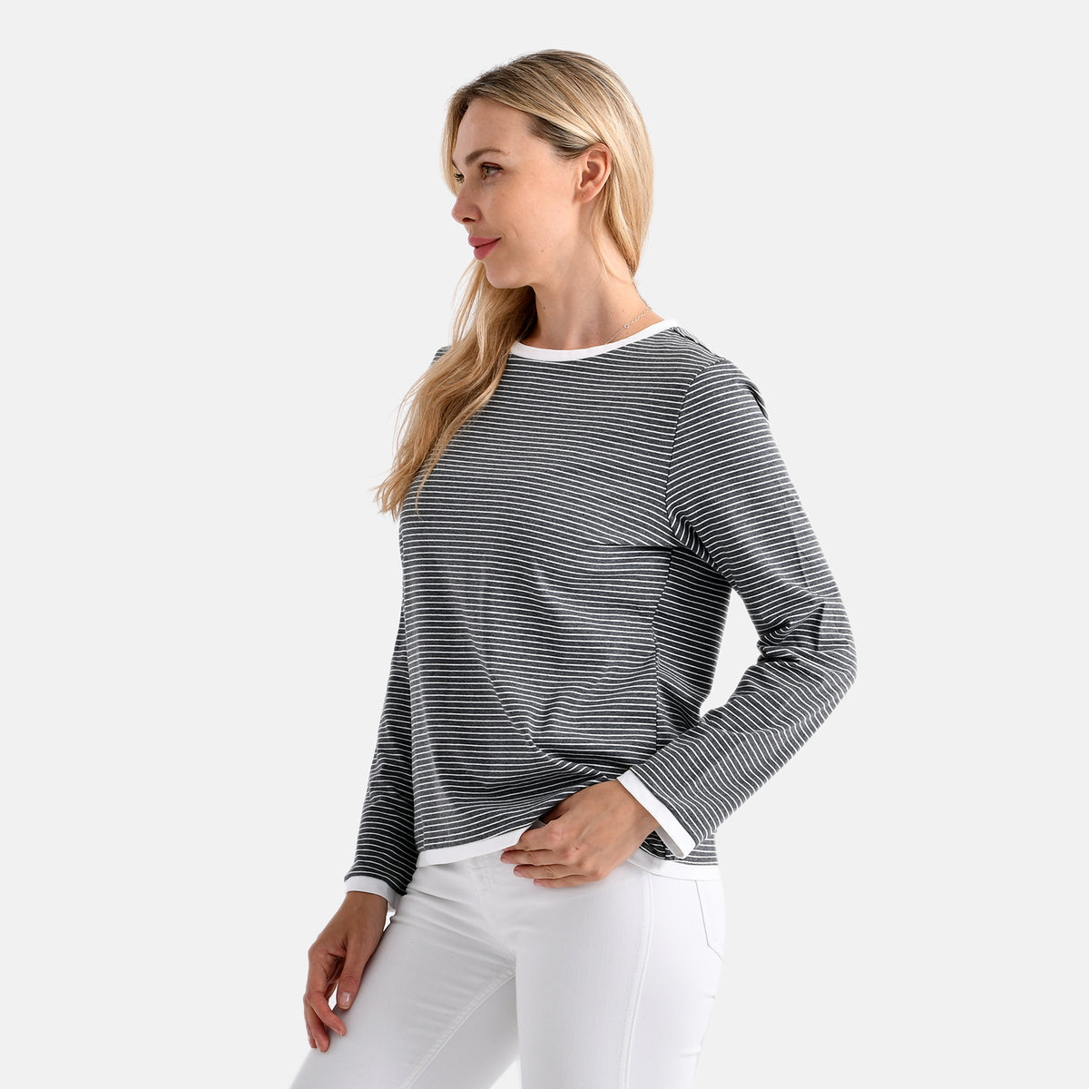 La Marey Classic Crew Neck Striped T-Shirt (Size XL) - Grey &amp; White V32556336 3