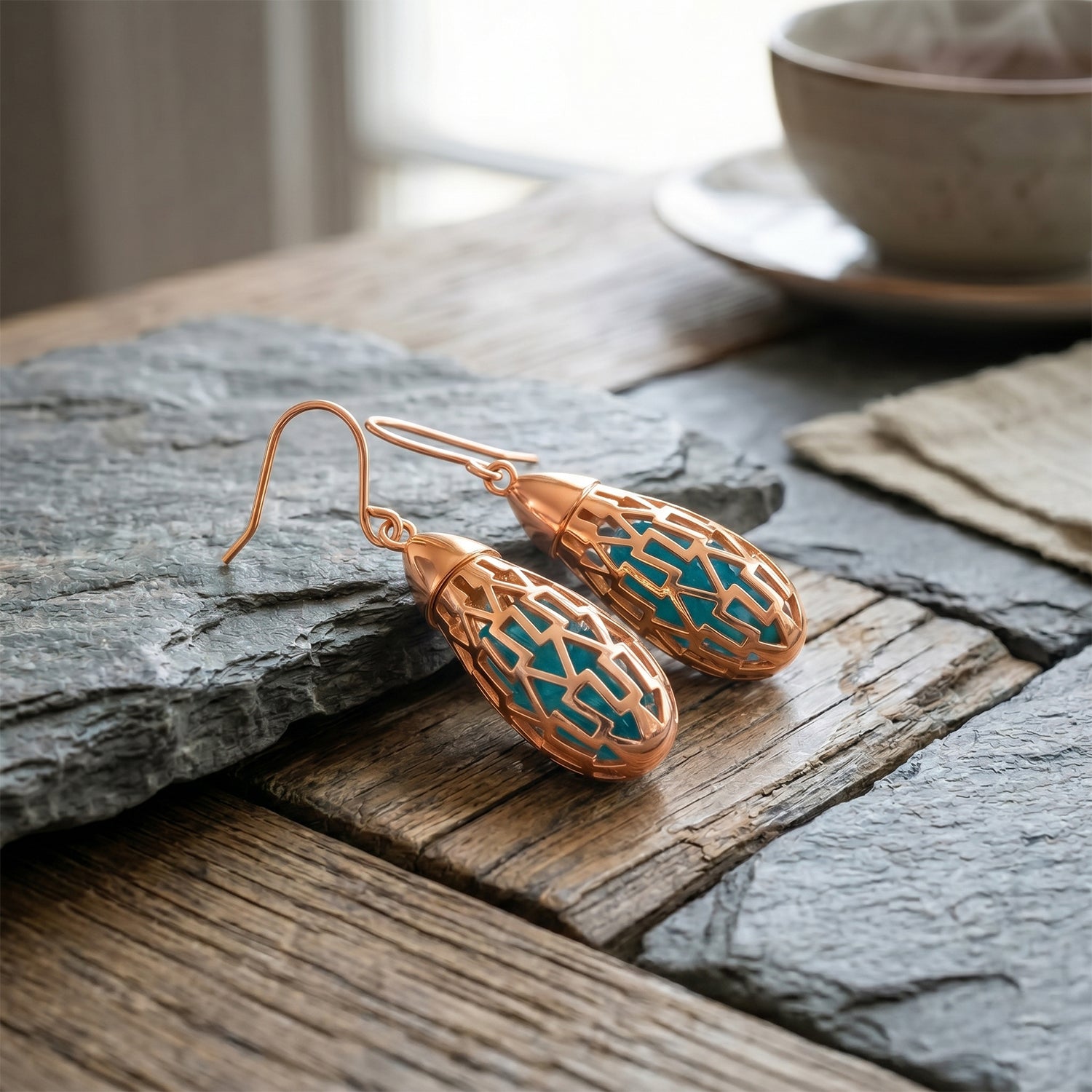 Blue Apatite Earring with Hook In Rose Gold Plating Sterling Silver 12.00 Ct. 8180011 2