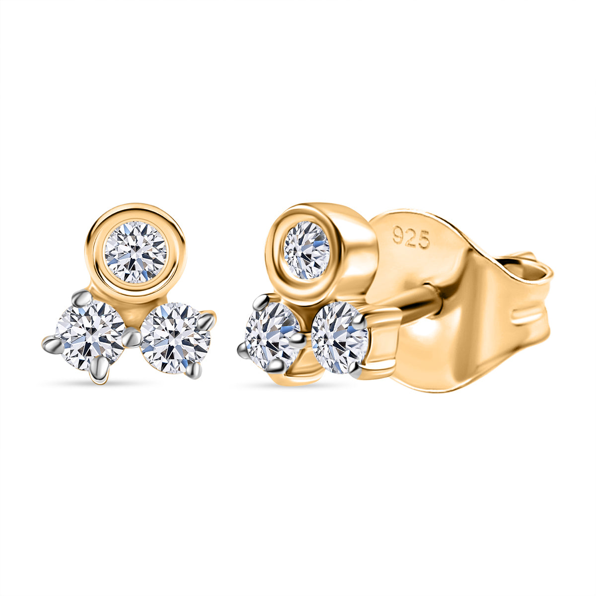 LUXURIANT Lab Grown Diamond 3-Stone Stud Push Post Earring in 18K Vermeil Yellow Gold Over Sterling Silver (SI-GH) 8181108 0