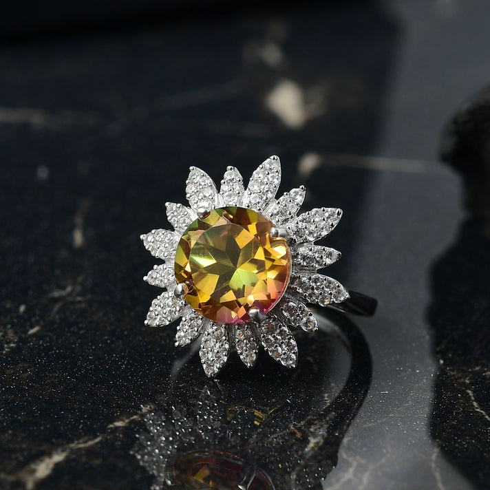 D'joy Rainbow Genesis Quartz, White Zircon Sunburst Bloom Ring in Rhodium Overlay Sterling Silver 4.88 Ct. 8181466 2