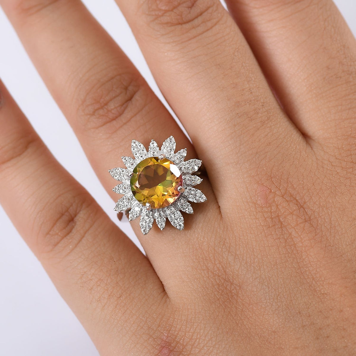 D'joy Rainbow Genesis Quartz, White Zircon Sunburst Bloom Ring in Rhodium Overlay Sterling Silver 4.88 Ct. V32700743 3