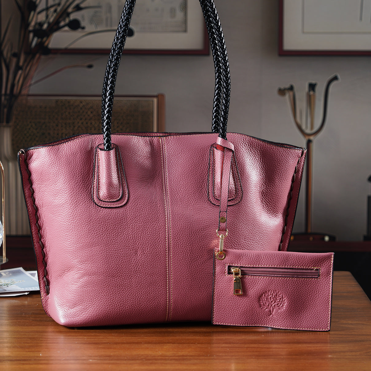 Genuine Leather Tote Bag (31.5cm) with Matching Detachable Coin Purse - Pink 8181473 2