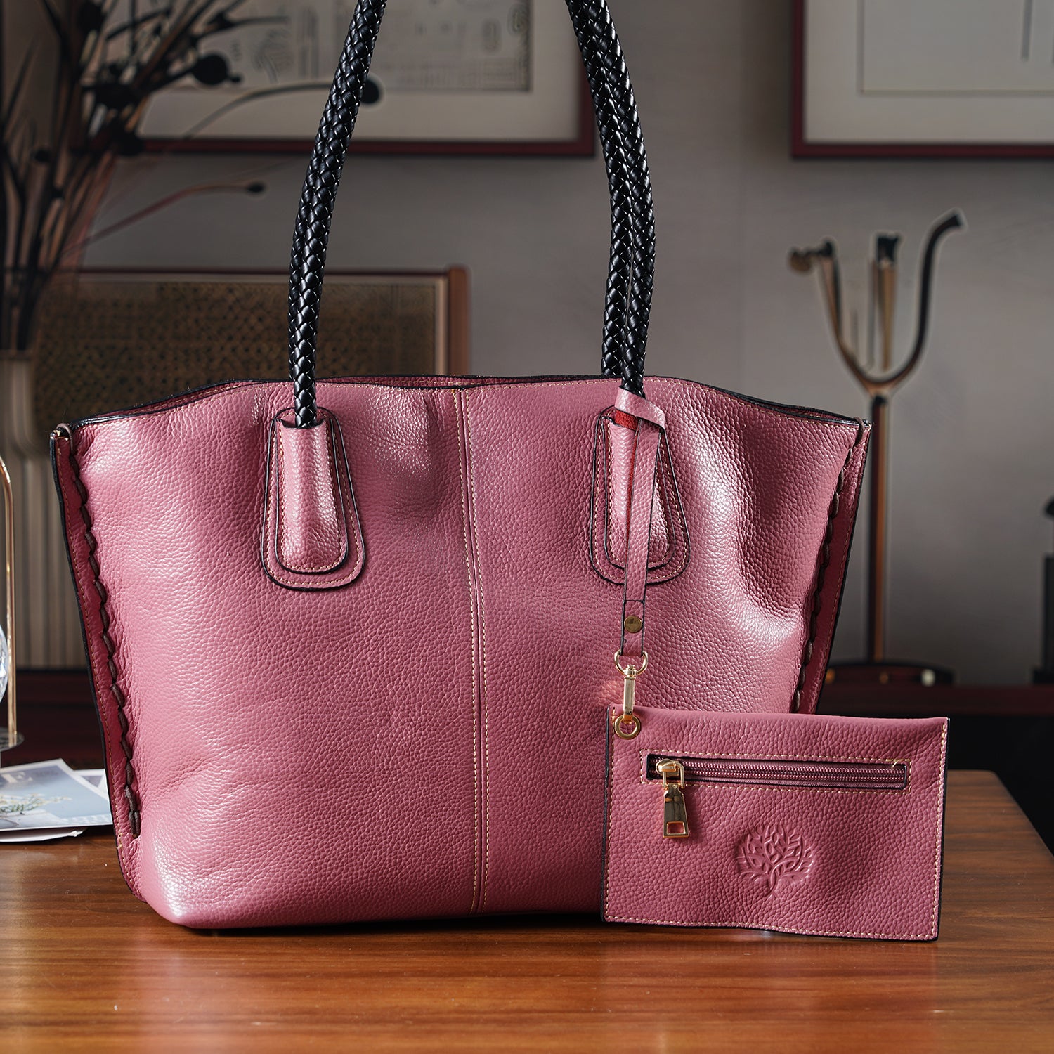 Genuine Leather Tote Bag (31.5cm) with Matching Detachable Coin Purse - Pink 8181473 2