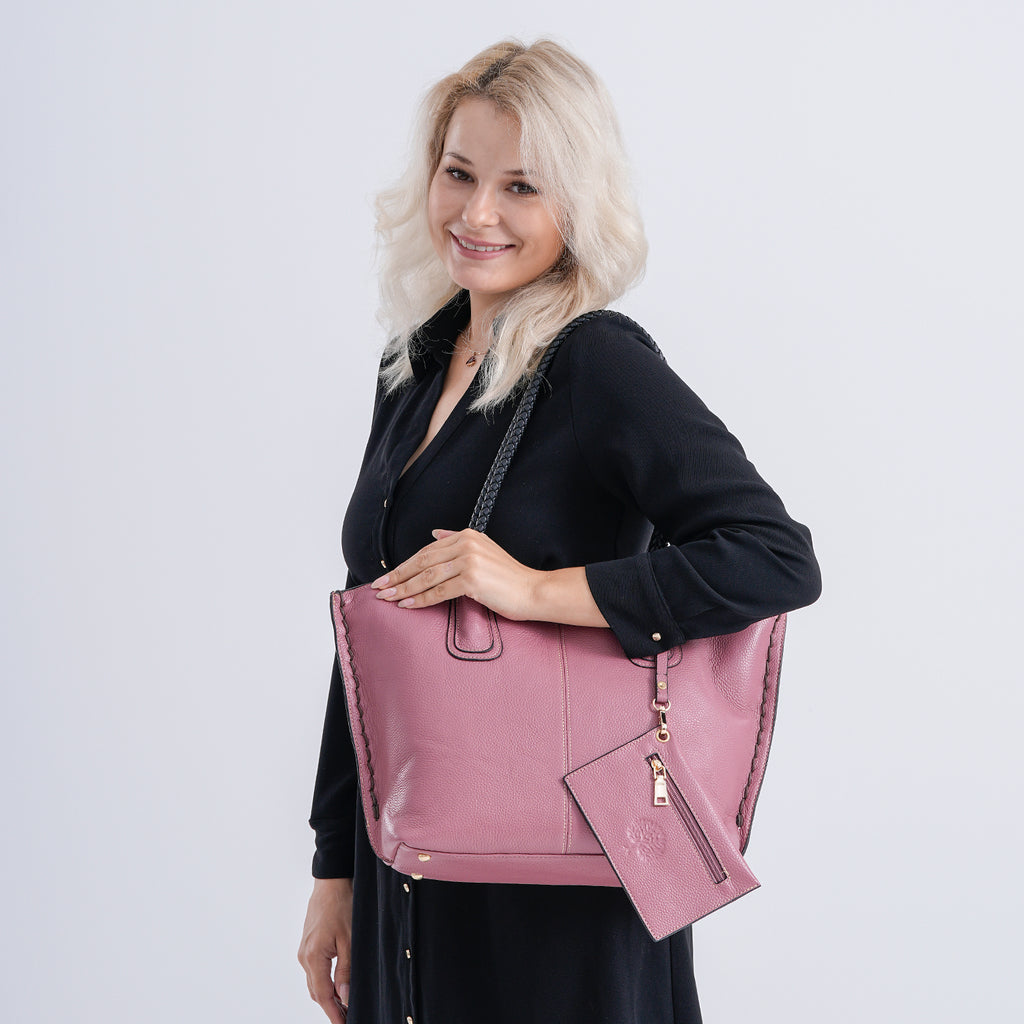Genuine Leather Tote Bag (31.5cm) with Matching Detachable Coin Purse - Pink_8181473_2