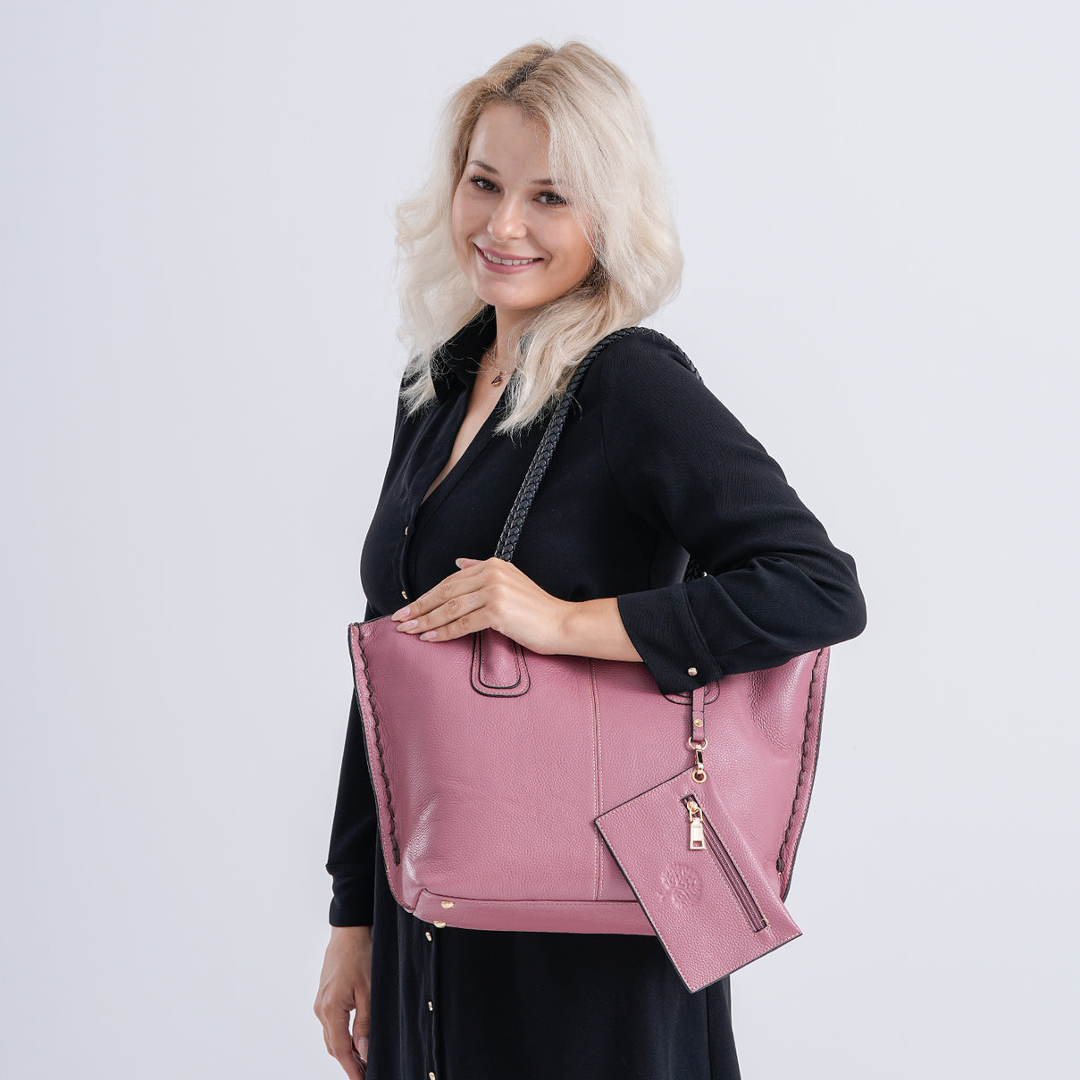 Genuine Leather Tote Bag (31.5cm) with Matching Detachable Coin Purse - Pink 8181473 3